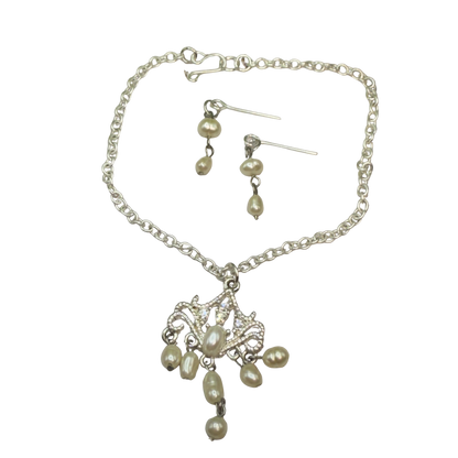 Silver Filigree Pearl Dangle Doll Necklace & Earrings Set • 18 Inch Fashion Doll Jewelry