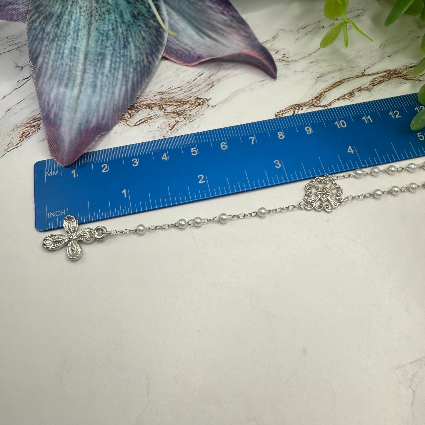 White Pearl Silver Chain & Cross • Doll Size Catholic Rosary for 18-22” Fashion or Vintage Dolls