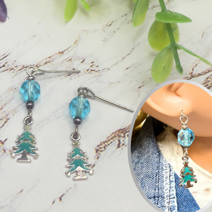 Winter Tree Turquoise Blue Glass Crystal Dangle Doll Earrings • 18 Inch Fashion Doll Jewelry