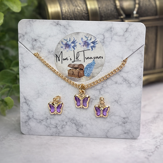 Purple Acrylic Crystal Butterfly Charm Gold Doll Necklace and Earrings for 16 Inch Fashion Dolls
