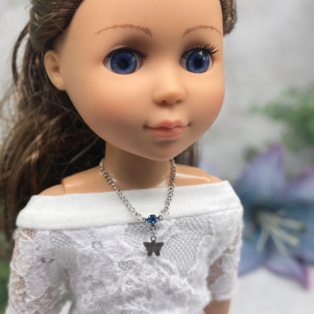 Silver Butterfly Blue Rhinestone Charm Doll Necklace • 14 Inch Fashion Doll Jewelry