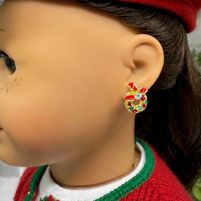 Christmas Wreath Gold Post Doll Earrings • 2mm Post for 18 Inch Fashion Doll