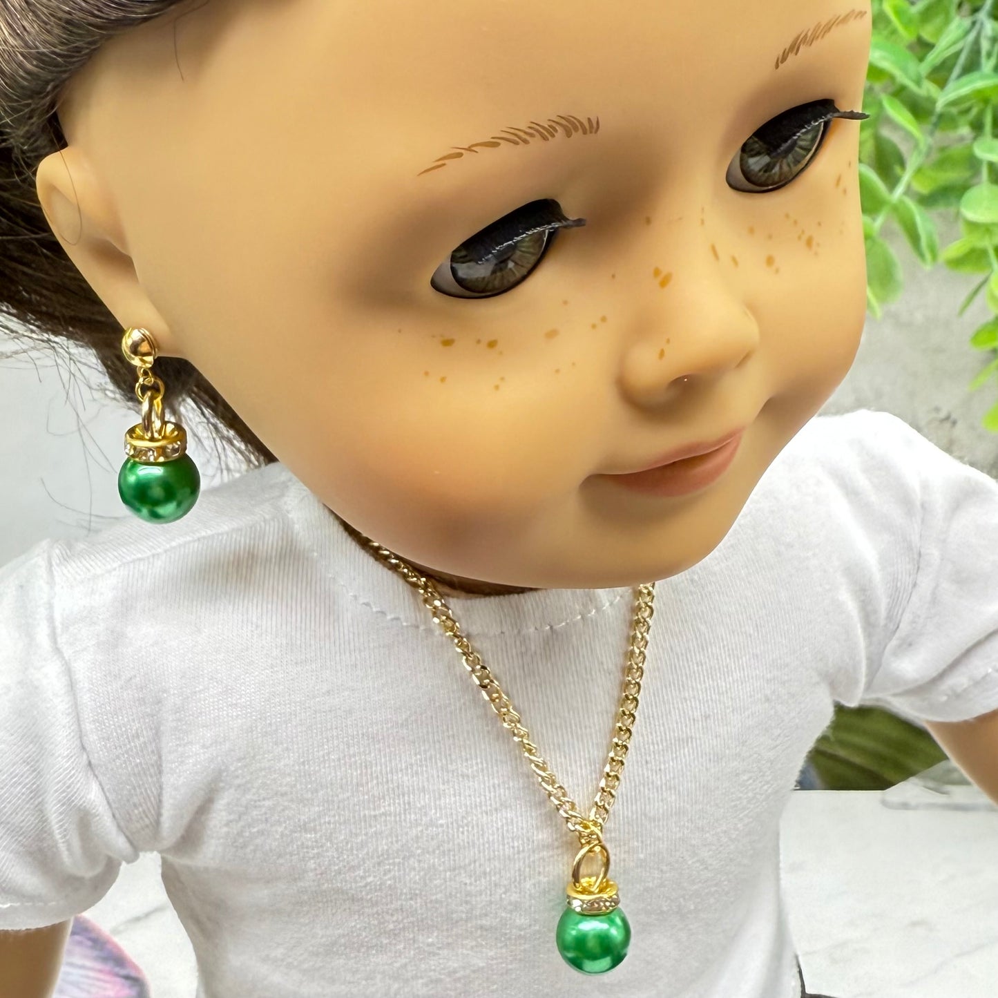 Green Christmas Ball Ornament Charm Doll Necklace & Dangle Doll Earrings • 2mm Post for 18 Inch Fashion Doll
