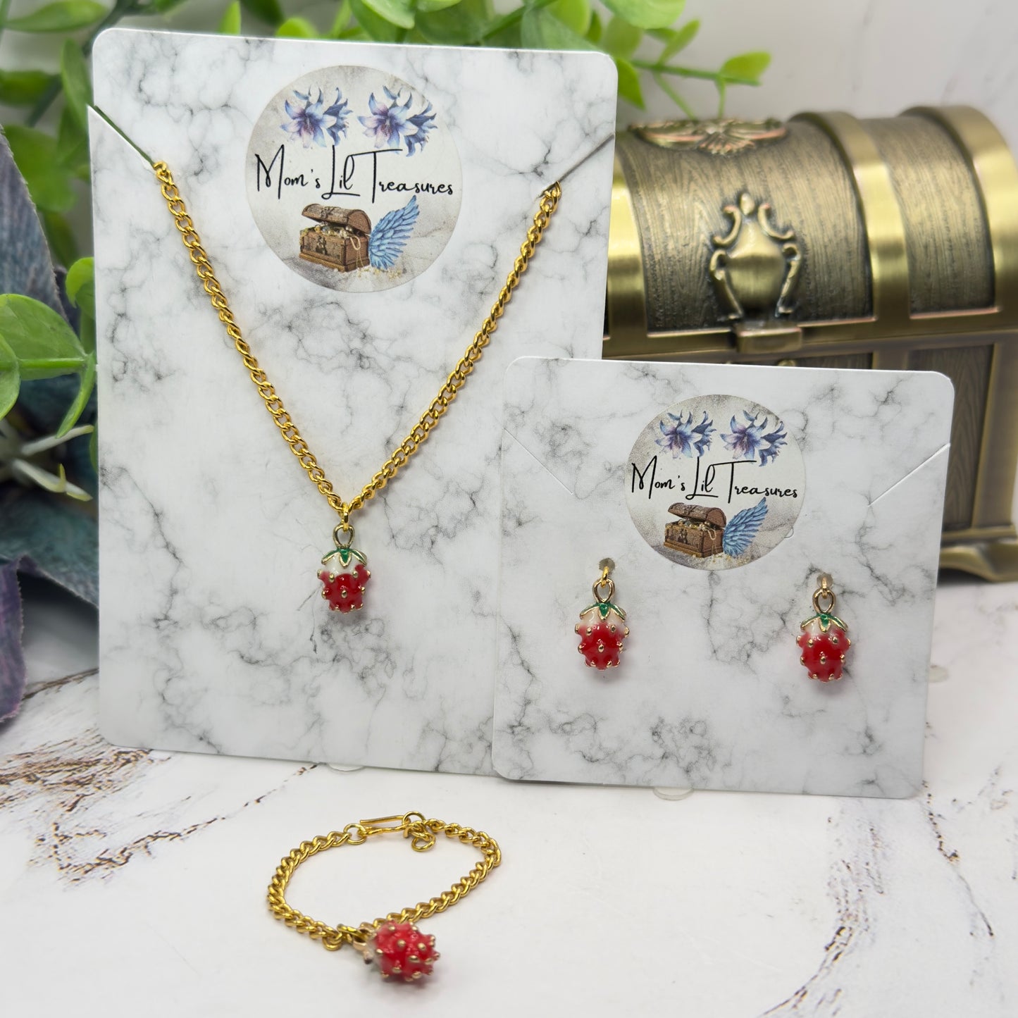 Strawberry Enamel Design Charm Doll Necklace - Bracelet & Earrings Set • 18 Inch Fashion Doll Jewelry
