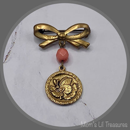 Gold Tone Bow Pin Pink Bead Gold Butterfly Flower Design Dangle • Doll Brooch