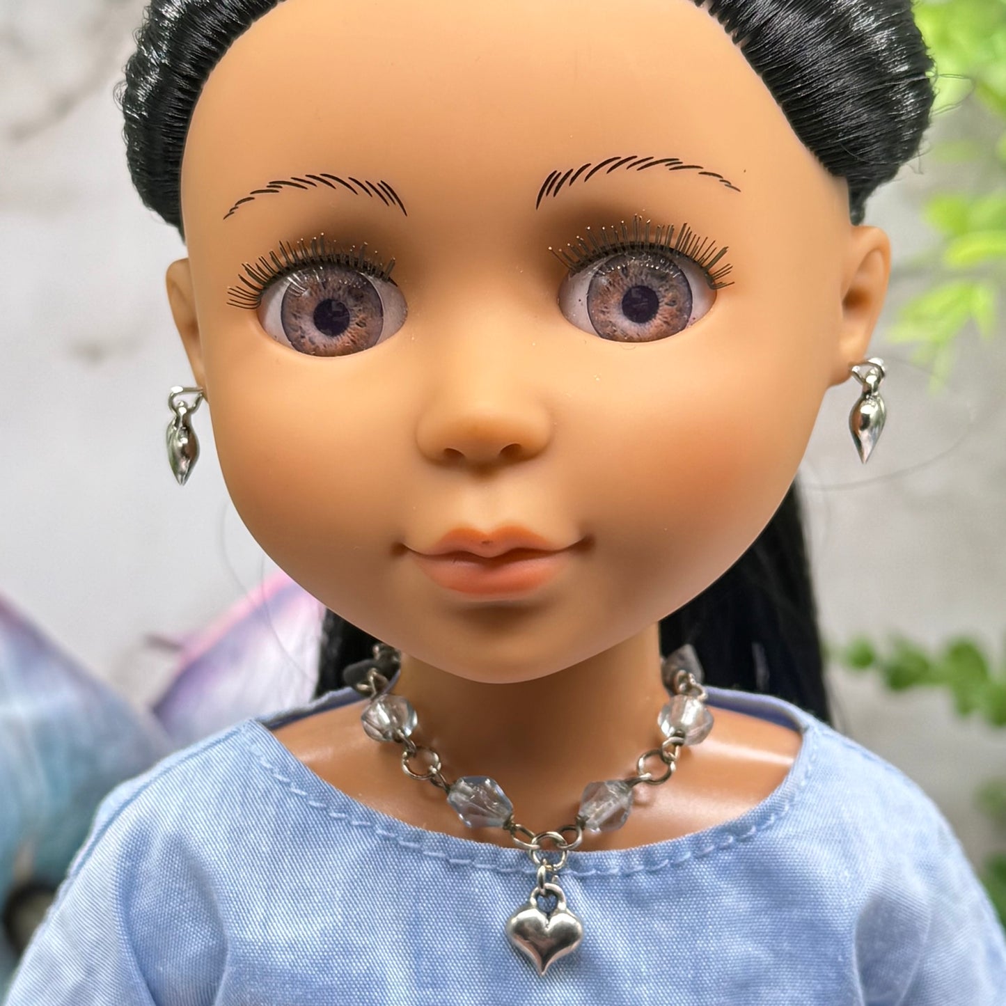 Blue Glass Beaded Silver Heart Charm Doll Necklace & Earrings • 14 Inch Fashion Doll Jewelry