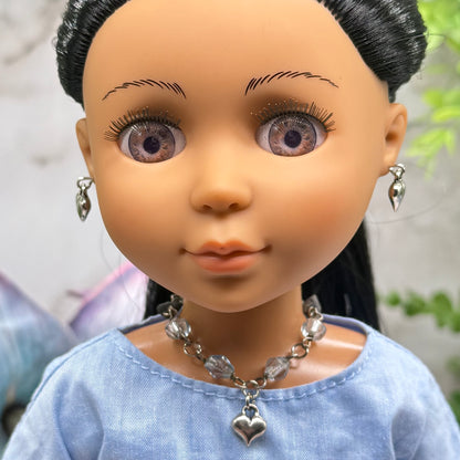Blue Glass Beaded Silver Heart Charm Doll Necklace & Earrings • 14 Inch Fashion Doll Jewelry