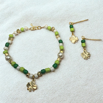 Green White Beaded Gold Shamrock Doll Necklace & Earrings Set • 18 Inch Fashion Doll Jewelry