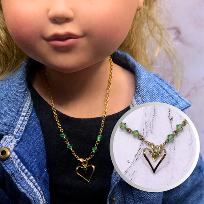 Gold Open Heart Pendant Green Glass Crystal Accent Doll Necklace • 18 Inch Doll Jewelry