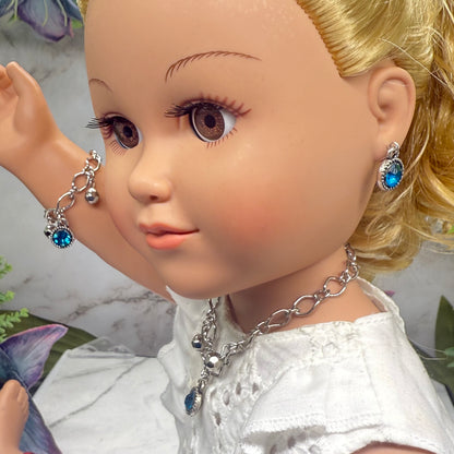 Round Turquoise Rhinestone Pendant Silver Link Doll Necklace Earrings Bracelet Set • 18 Inch Fashion Doll Jewelry