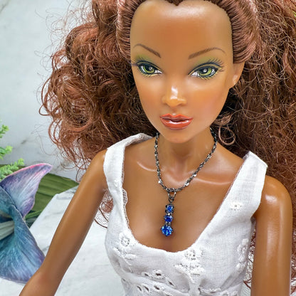 Blue Rhinestone Pendant Black Chain Doll Necklace • 16 Inch Fashion Doll Jewelry