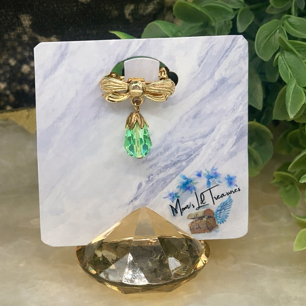 Green Glass Crystal Gold Bow Dangle Doll Pin •  Doll Brooch
