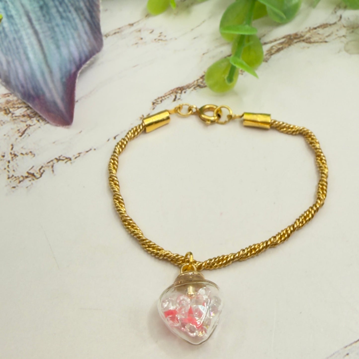 Clear Heart with Coral/Pink Crystals (Glow in Dark) on Gold Chain Doll Necklace • 18 Inch Fashion Doll Jewelry