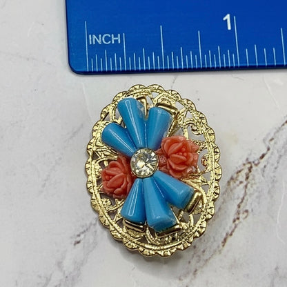Gold Tone Oval Filigree Blue & Coral Rose Accents Pin • Doll Brooch