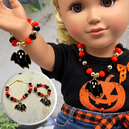 Halloween Black Ghost Charm Red Black Gold Beaded Necklace & Bracelet Set | for 18 Inch Fashion Dolls