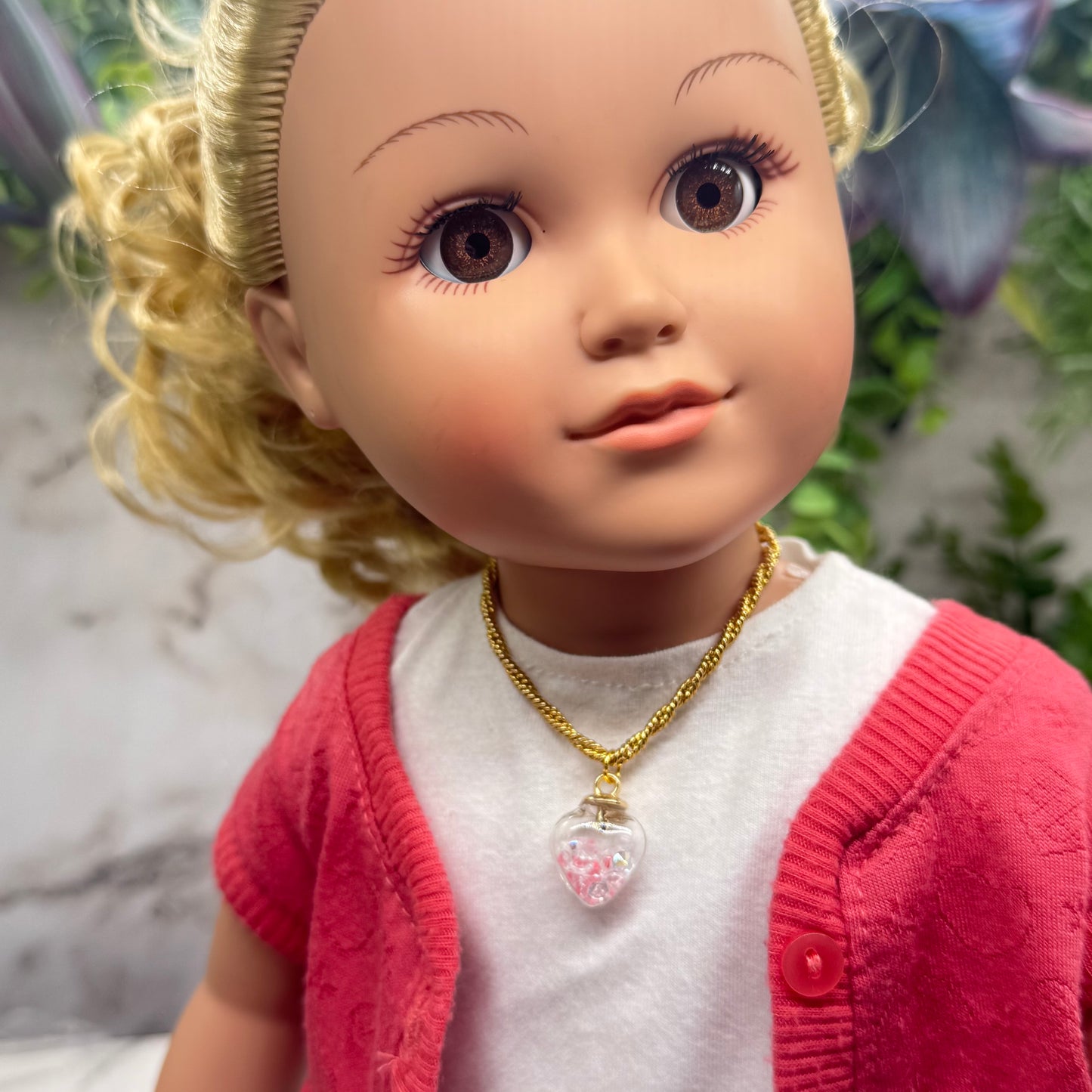 Clear Heart with Coral/Pink Crystals (Glow in Dark) on Gold Chain Doll Necklace • 18 Inch Fashion Doll Jewelry