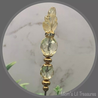 Light Yellow Glass Leaf Crystal Beaded - 6.25” Pin • Hatpin - Stick Pin