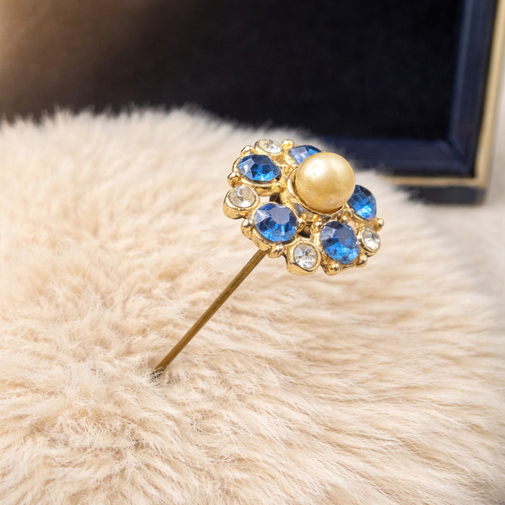 Blue & Clear Rhinestone Pearl Center Flower Design Gold Tone Stick Pin Hatpin