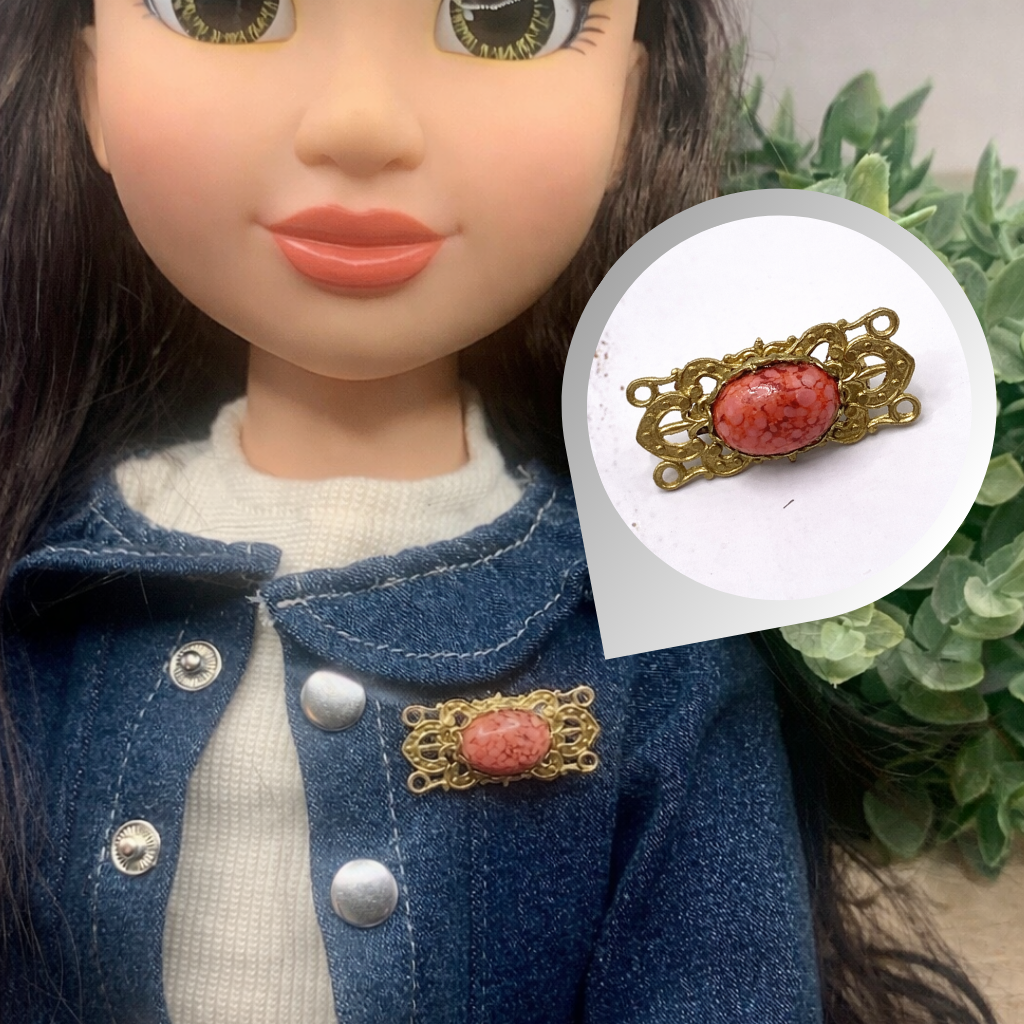 Gold Tone Filigree Design Rectangular Coral Accented Doll Pin • Doll Brooch