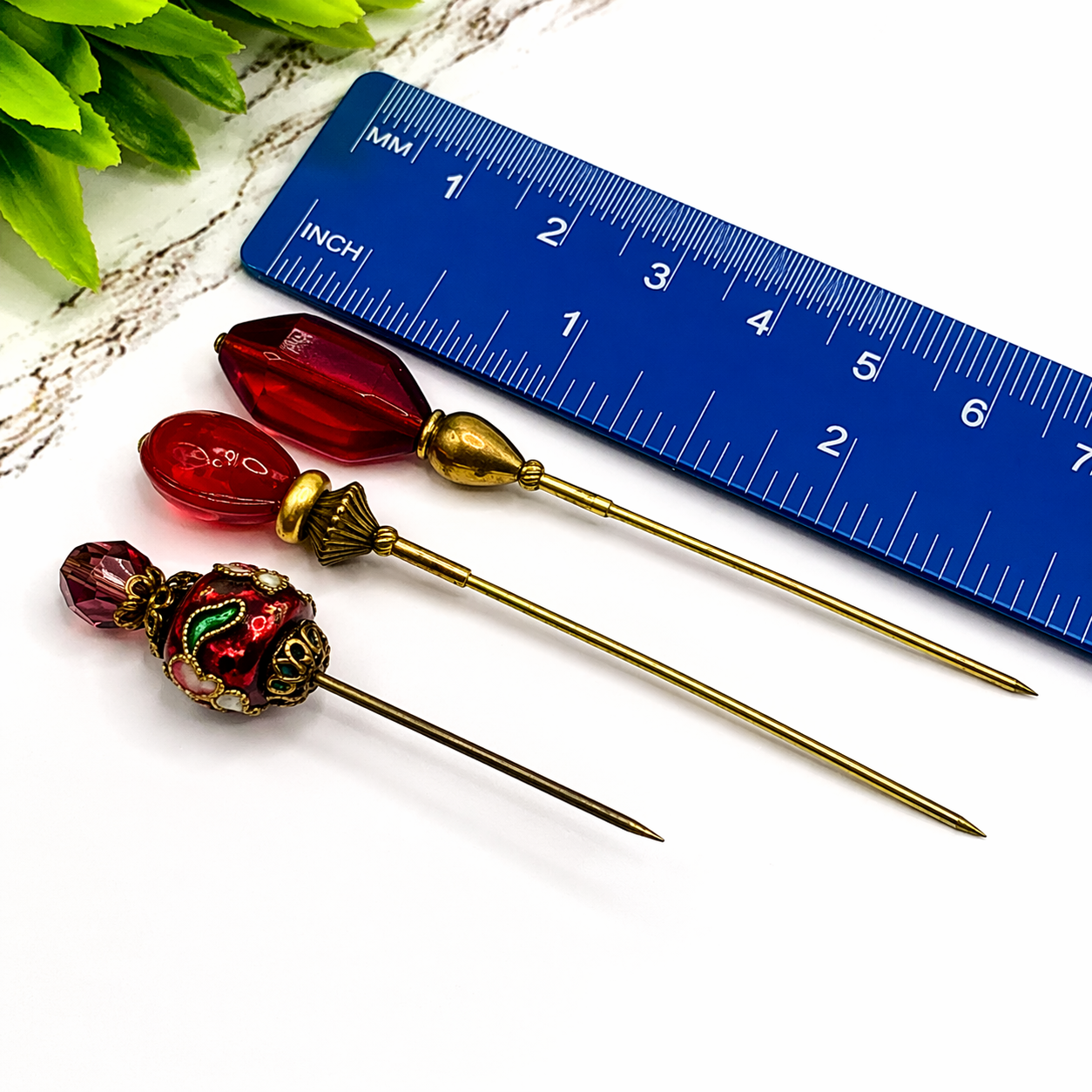 Red Glass Cloisonné Set of 3 • Stick Pins, Hatpins, Sewing pins, Gifts for Her