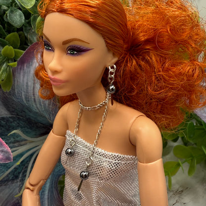 Gray Metallic and Silver Chain Wrap Style Necklace & Earrings Set • 10-12” 1:6 Fashion Doll Jewelry