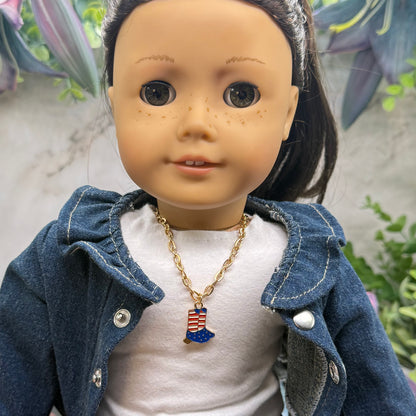 Red White Blue Flag Cowboy Boots Charm Gold Chain Doll Necklace for 18 Inch Fashion Doll