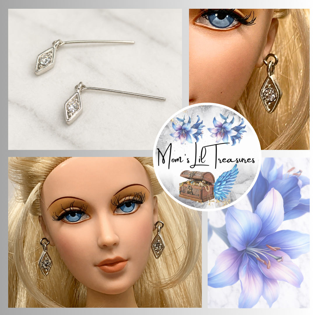 Silver Diamond Shaped Rhinestone Dangle Doll Earrings • 16” Fashion Doll Jewelry