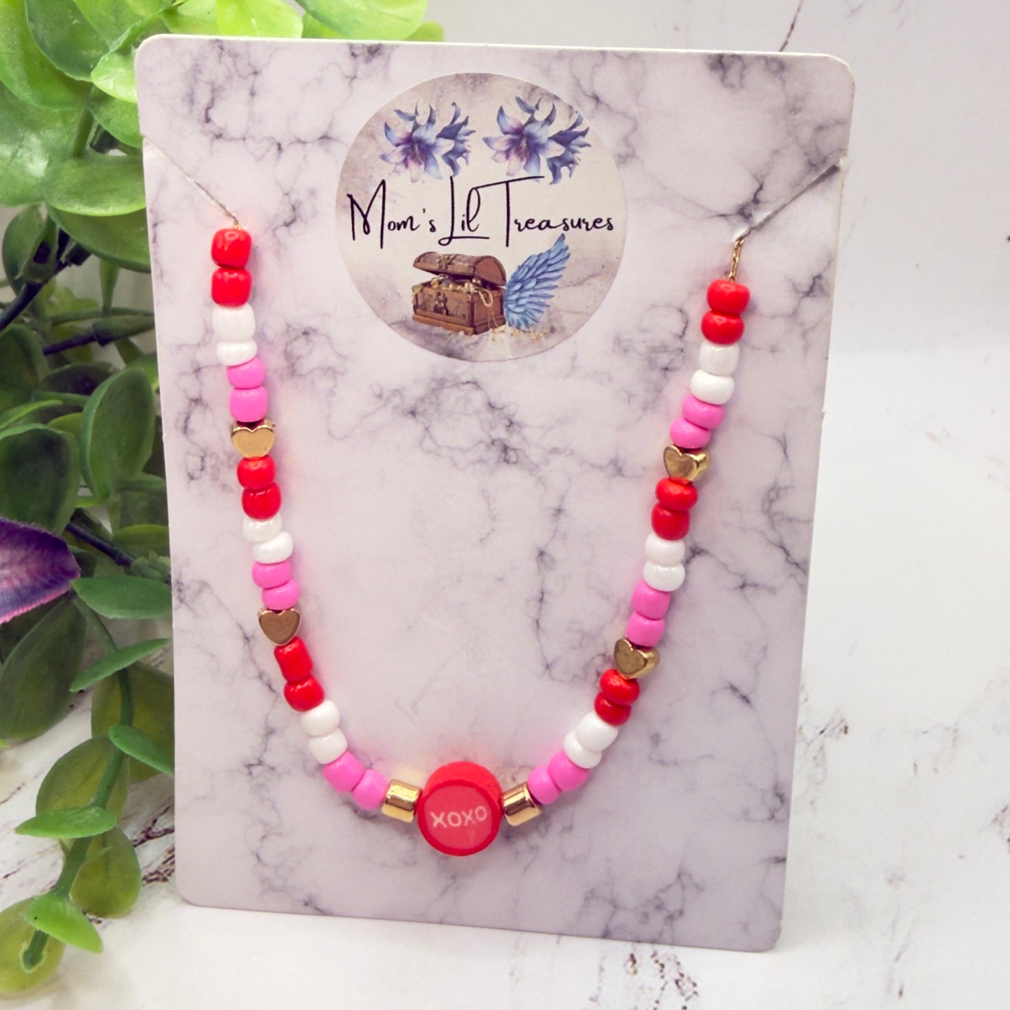 XOXO Pink Red White Beaded Doll Necklace Valentine’s Day• 18 Inch Fashion Doll Jewelry