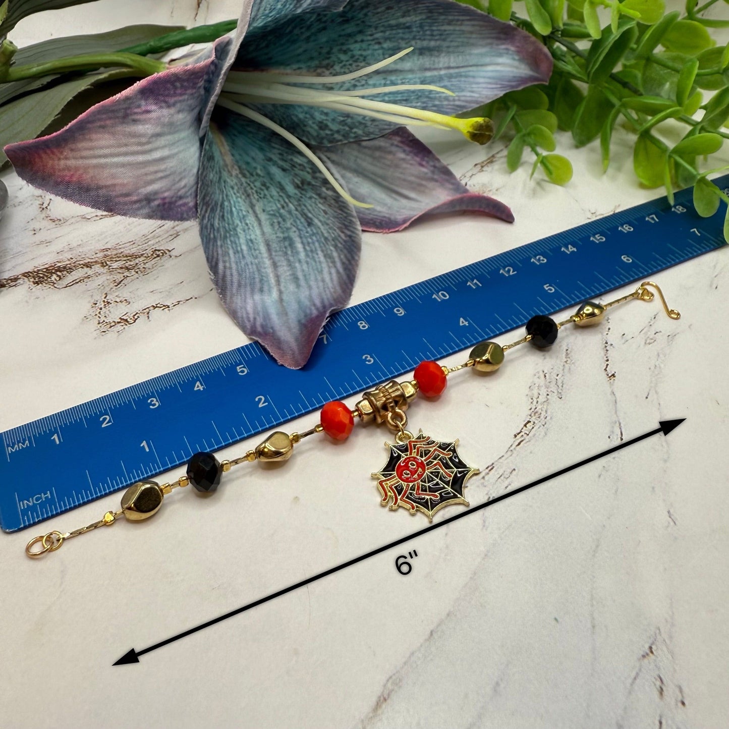 Black Red Spider Web Halloween Charm Beaded Gold Chain Doll Necklace • 18 Inch Fashion Doll Jewelry