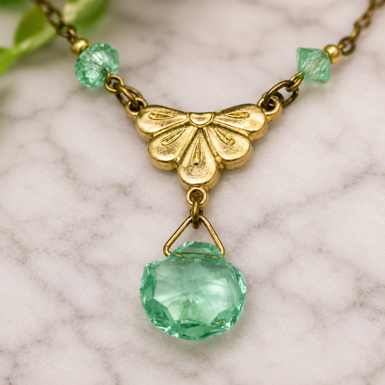 Green Glass Crystal Pendant Gold Doll Necklace • 18 Inch Fashion Doll Jewelry