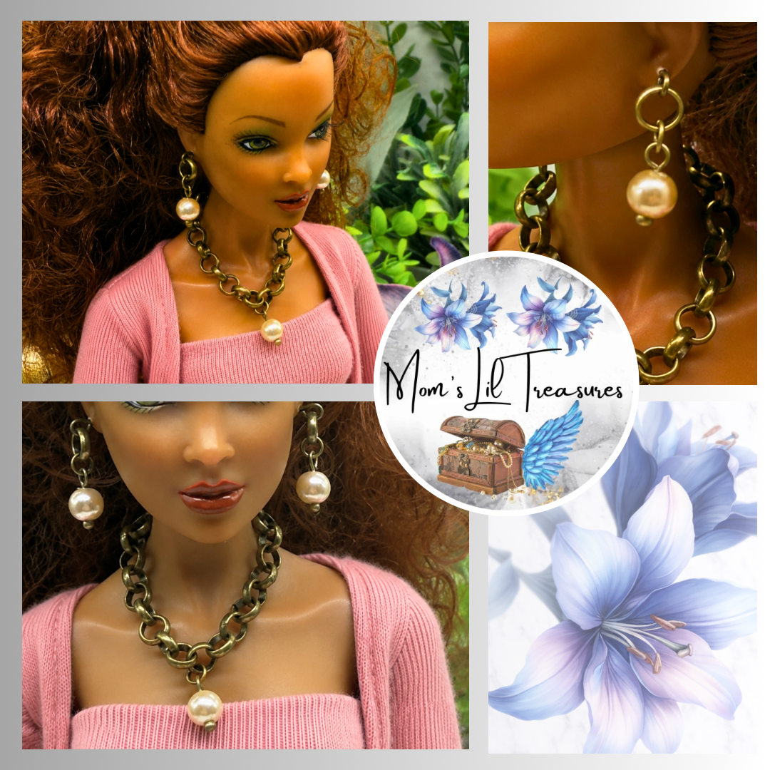 Brass Bronze Large Link Pearl Dangle Doll Necklace & Earrings Set • 16 Inch Fashion Doll Jewelry