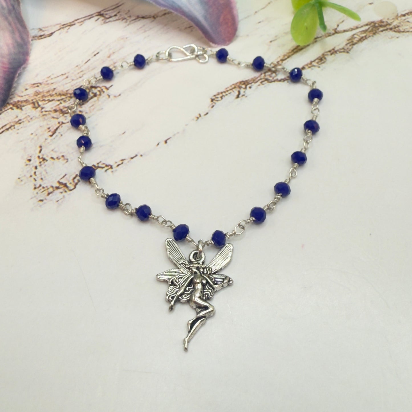 Silver-Tone Fairy Pendant Blue Glass Crystal Beaded Doll Necklace • 18 Inch Fashion Doll Jewelry