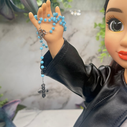 Turquoise Blue Glass Crystal Beaded Silver Chain & Cross • Doll Size Catholic Rosary for 18-22” Fashion or Vintage Dolls