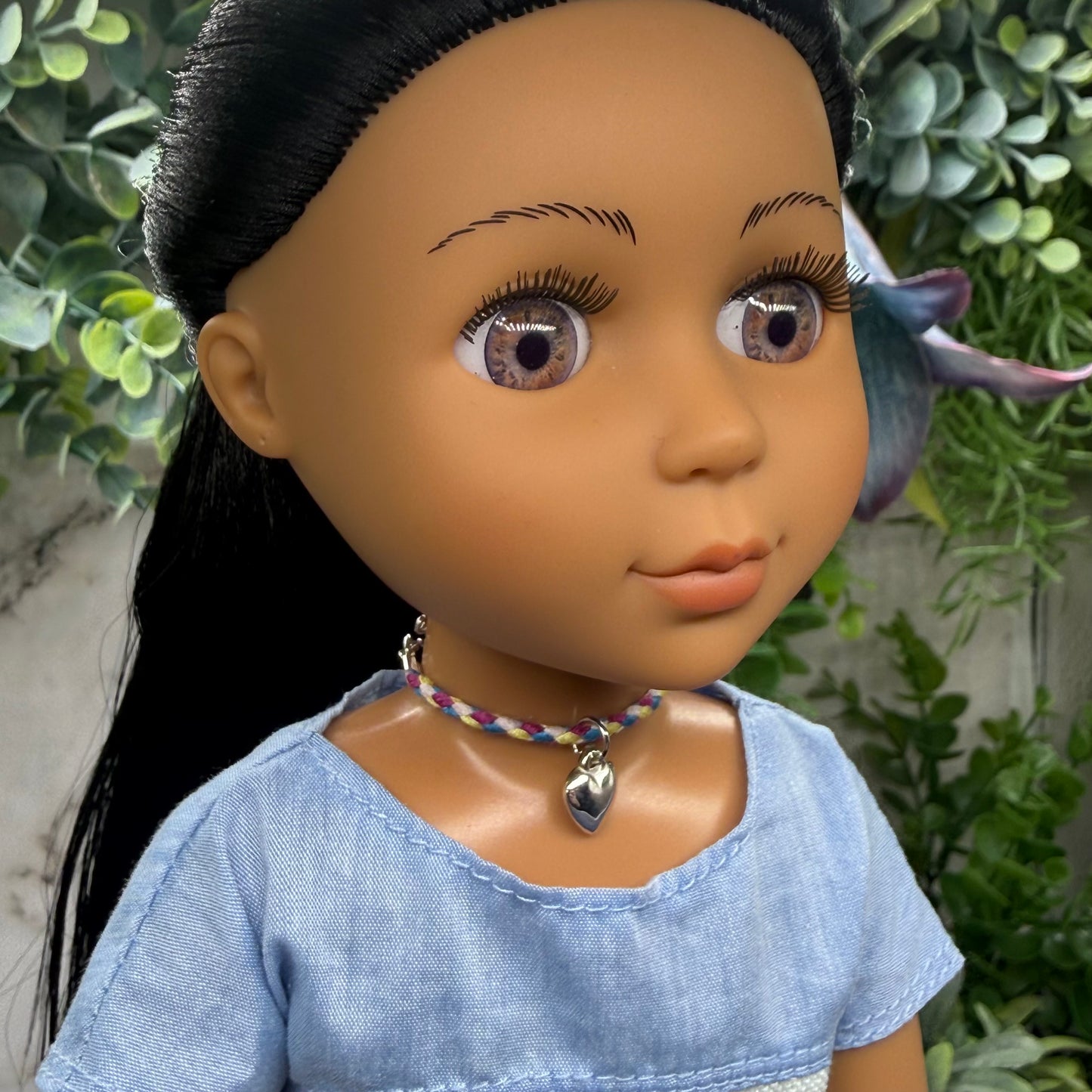 Braided Purple Blue Yellow Fabric Doll Necklace Silver Heart Charm • 14 Inch Fashion Doll Jewelry