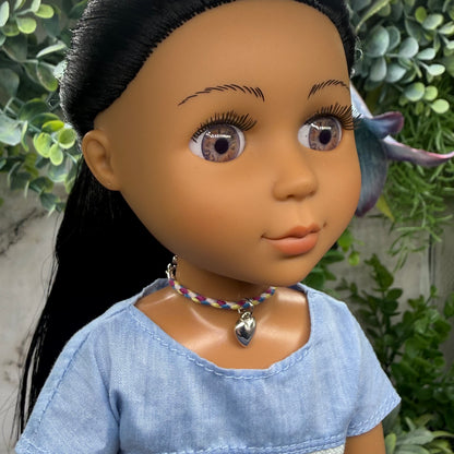 Braided Purple Blue Yellow Fabric Doll Necklace Silver Heart Charm • 14 Inch Fashion Doll Jewelry