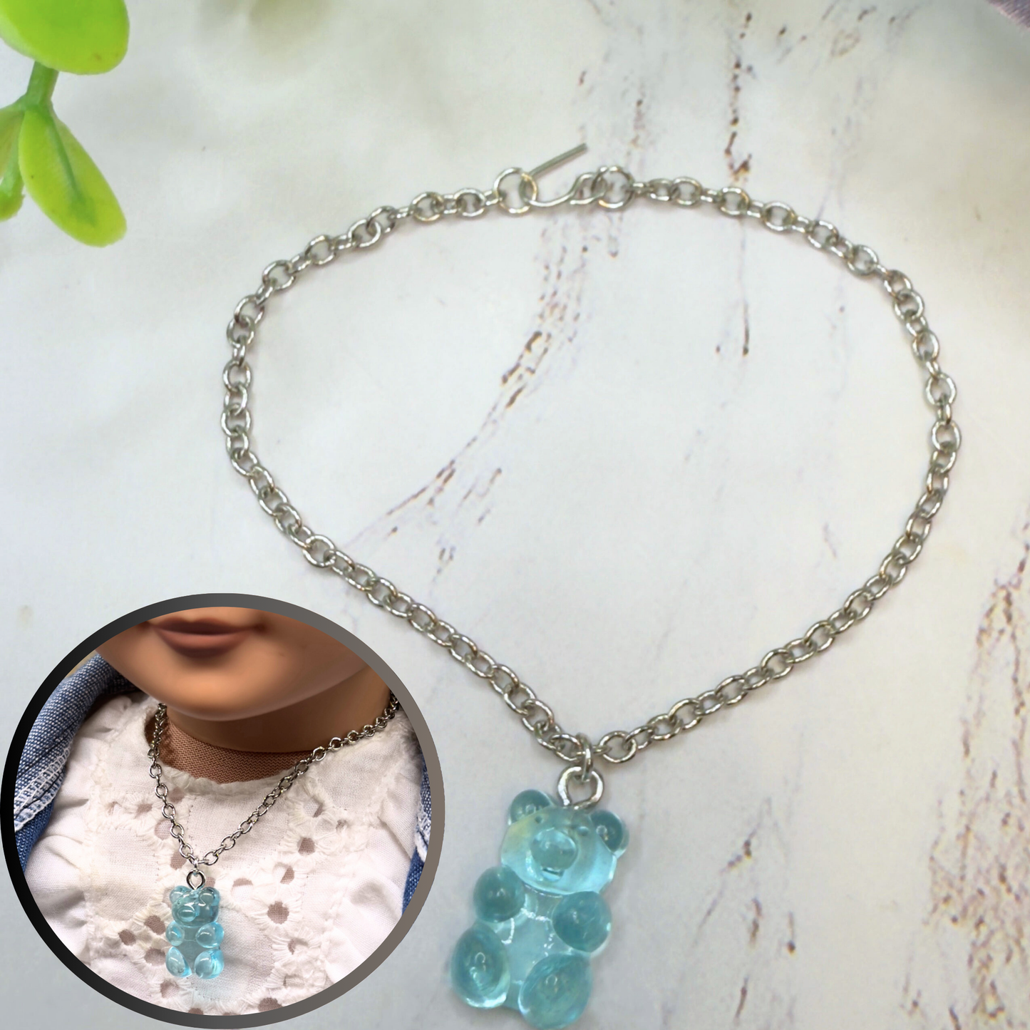 Turquoise Blue Translucent Acrylic Teddy Gummy Bear Charm Silver Chain Doll Necklace 18” Doll Jewelry