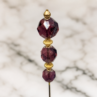 Purple Amethyst Glass Crystal Bead Gold Accents • 8” • Hatpin - Stick Pin