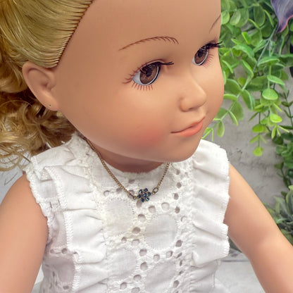 Tiny Blue Rhinestone Flower Gold Chain Doll Necklace • 18” Fashion Doll Jewelry