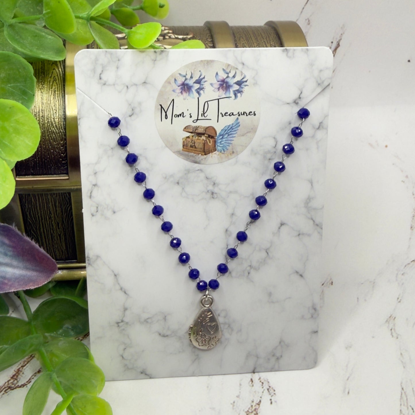 Blue Glass Crystal Beaded Chain Silver Teardrop Heart Flower Design Pendant Doll Necklace • 18 Inch Fashion Doll Jewelry