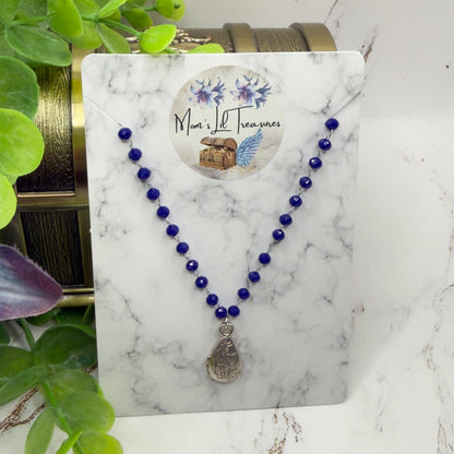 Blue Glass Crystal Beaded Chain Silver Teardrop Heart Flower Design Pendant Doll Necklace • 18 Inch Fashion Doll Jewelry