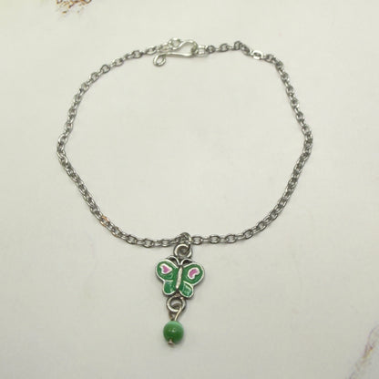 Green Pink Butterfly Charm Silver Chain Doll Necklace • 18 Inch Fashion Doll Jewelry