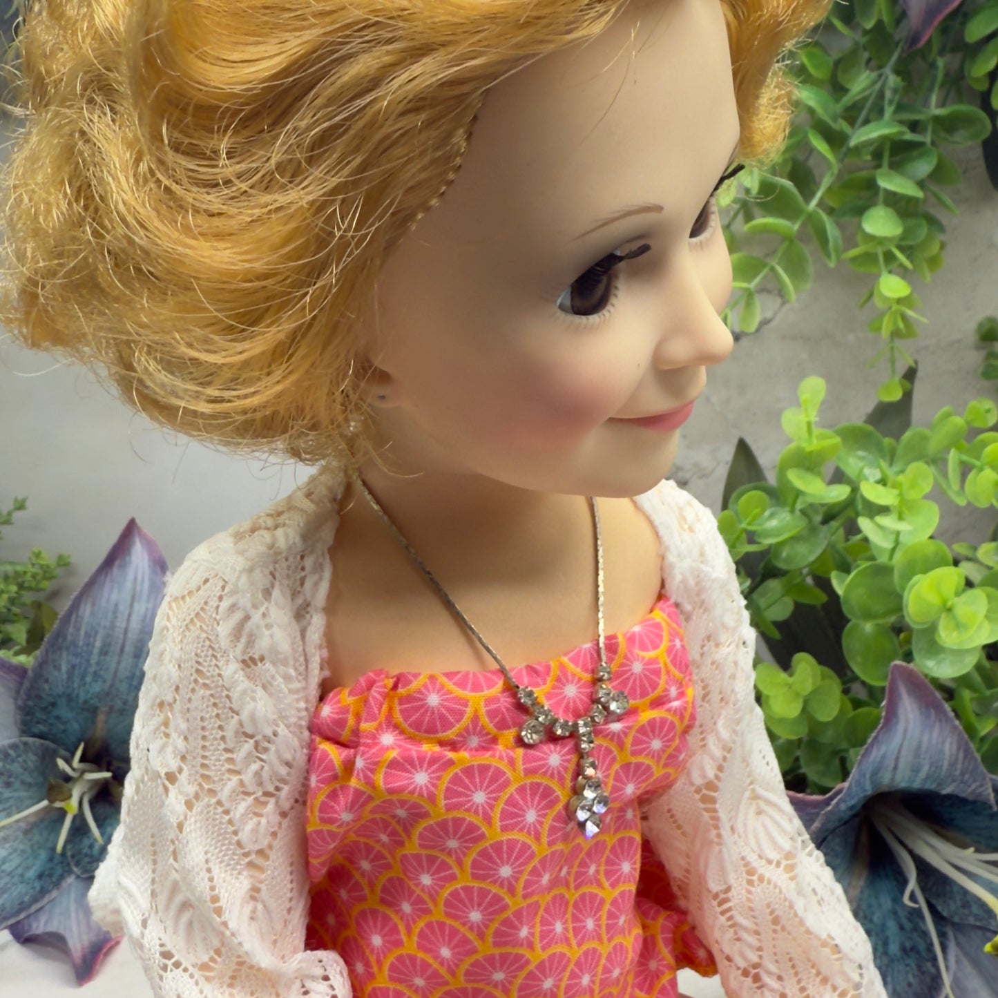Clear Rhinestone Drop Dangle Silver Serpentine Doll Necklace • 18-22” Vintage Doll Jewelry