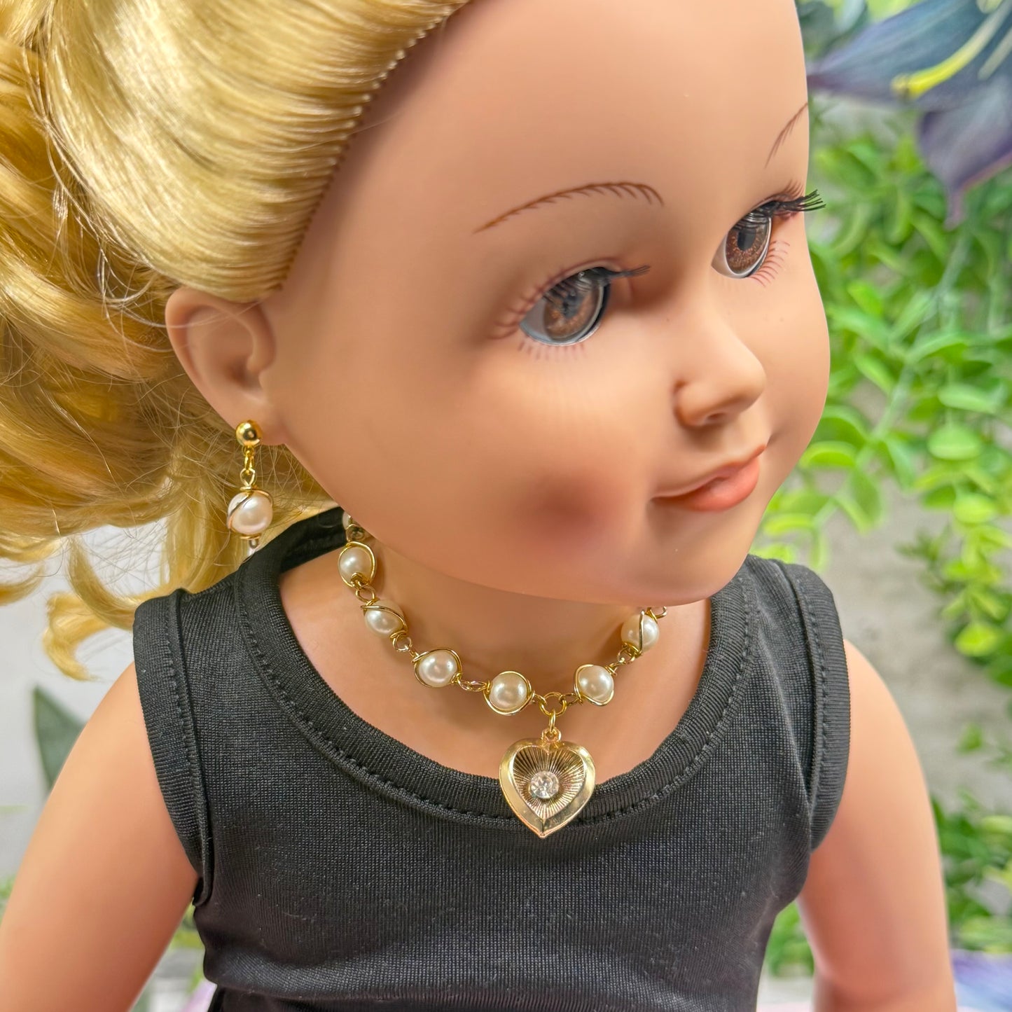 Gold Heart Rhinestone Accent Charm Pearl Link Doll Necklace & Earrings • 18 Inch Fashion Doll Jewelry