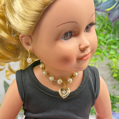 Gold Heart Rhinestone Accent Charm Pearl Link Doll Necklace & Earrings • 18 Inch Fashion Doll Jewelry