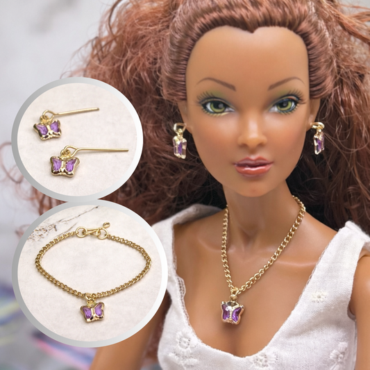 Purple Acrylic Crystal Butterfly Charm Gold Doll Necklace and Earrings for 16 Inch Fashion Dolls