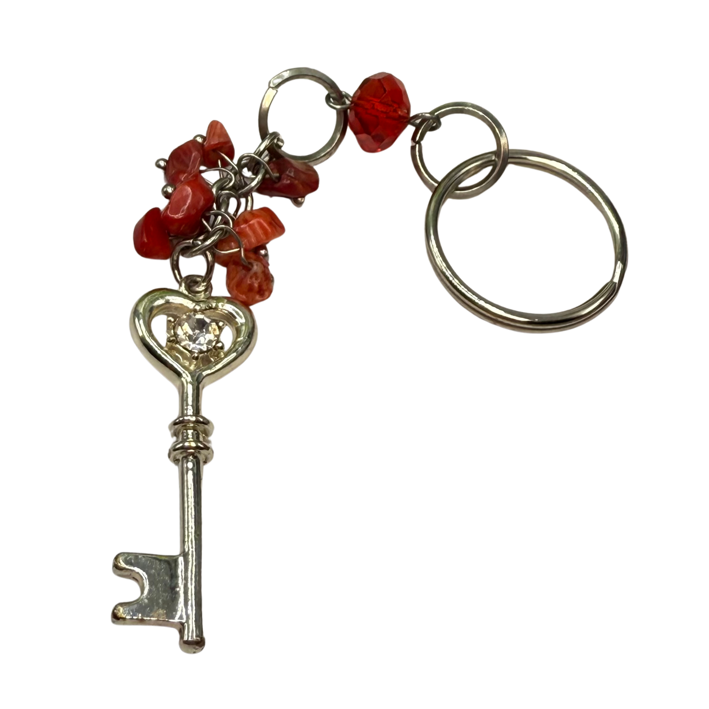 Silver Heart Top Key Charm Red Glass Stone Dangles Key Chain / Car Charm