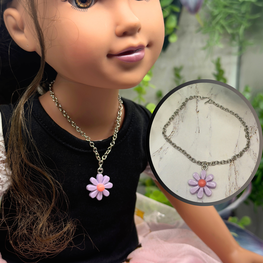 Purple Flower Daisy Charm Silver Chain Doll Necklace• 18 Inch Fashion Doll Jewelry