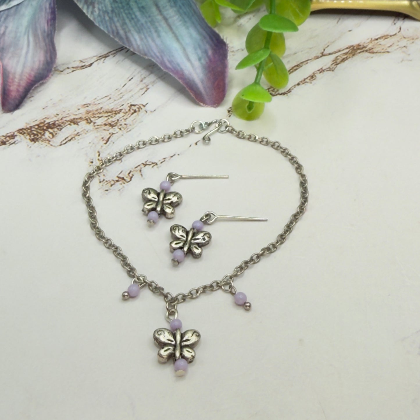Silver Butterfly Light Purple Bead Accent Charm Doll Necklace & Earrings • 18 Inch Fashion Doll Jewelry