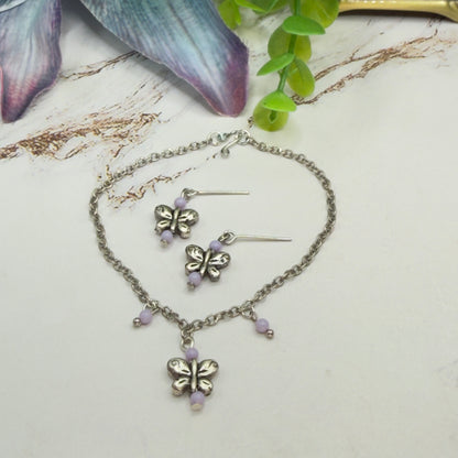 Silver Butterfly Light Purple Bead Accent Charm Doll Necklace & Earrings • 18 Inch Fashion Doll Jewelry