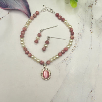 Pink Glass Pearl Oval Pendant Doll Necklace & Earrings • 18 Inch Fashion Doll Jewelry